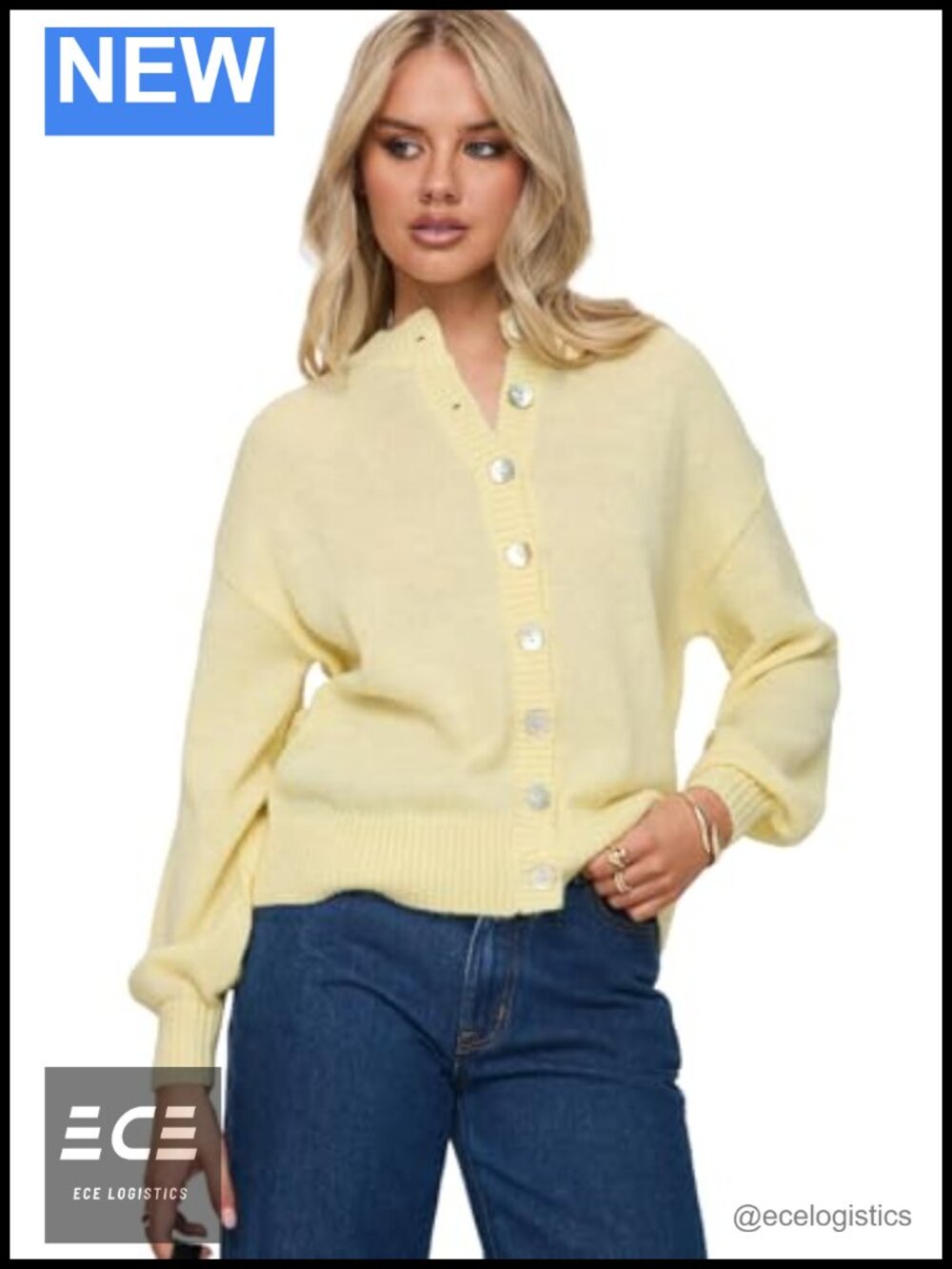 Knit Button-Down Cardigan with Drop Shoulders & Ruched Cuffs